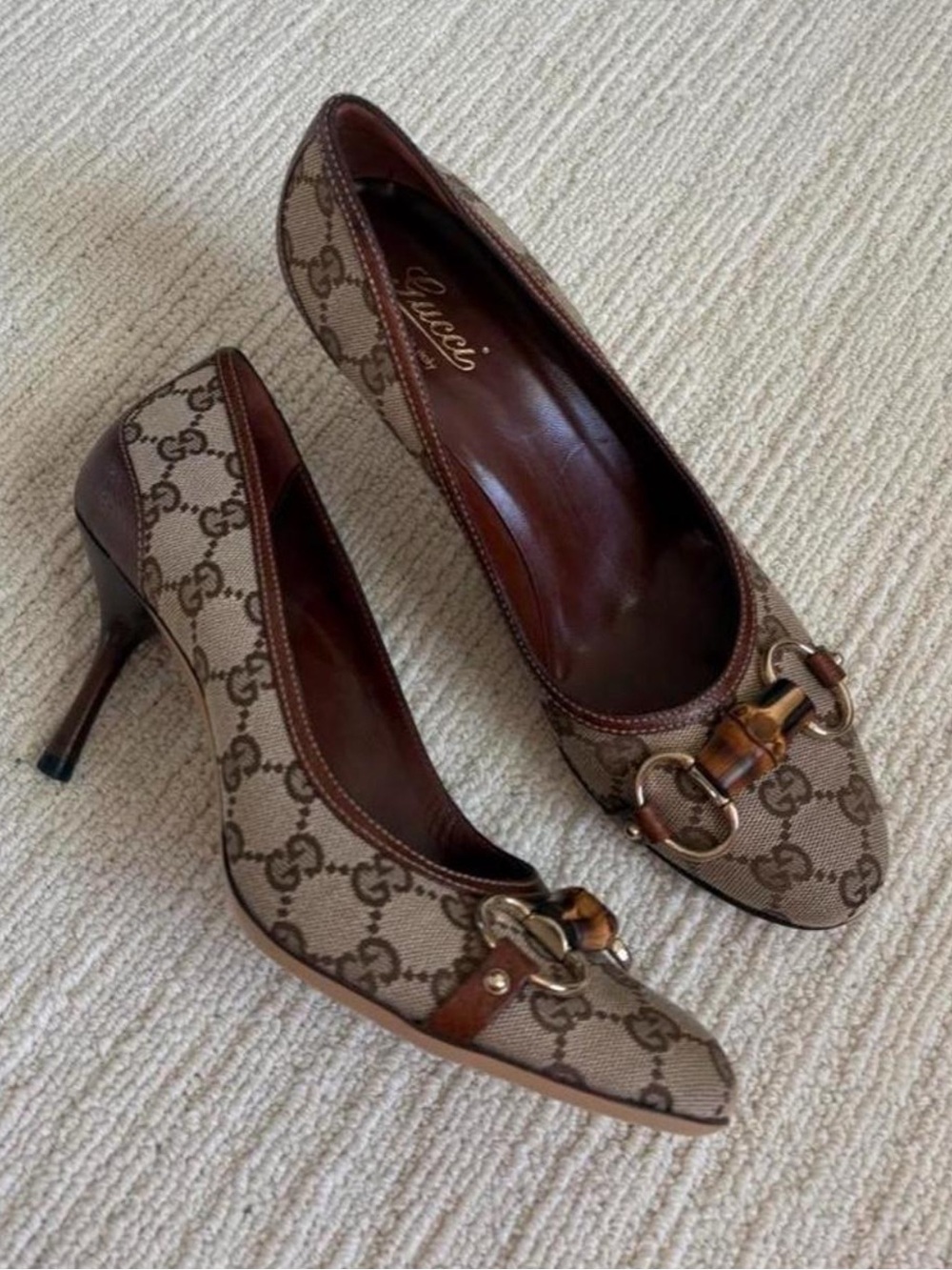 VintageGucci Brown GG Canvas Horsebit Pumps - Women's